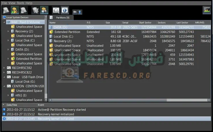 لوحة معلومات تعرض أدوات Active Partition Recovery وخيارات استرداد البيانات وإدارة الأقسام