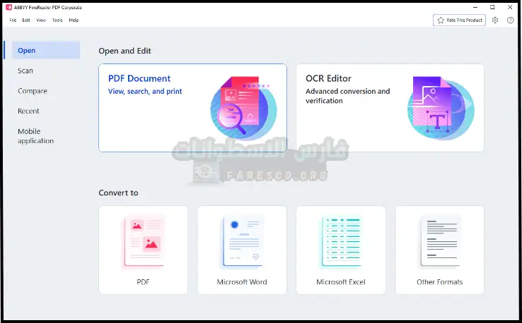 شعار ABBYY FineReader Free يتضمن الحرف "A" المنمق باللونين الأزرق والأبيض، ويمثل برنامج تحويل المستندات