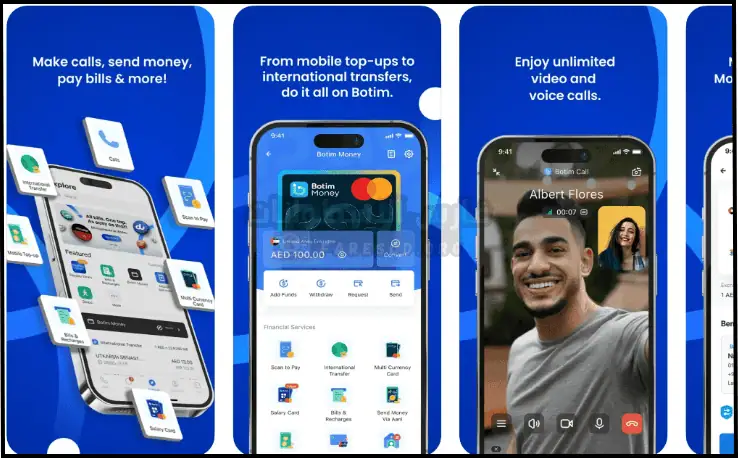 شعار تطبيق Botim المجاني يعرض فقاعة كلامية منمقة باللونين الأزرق والأبيض، تمثل خدمات الاتصال